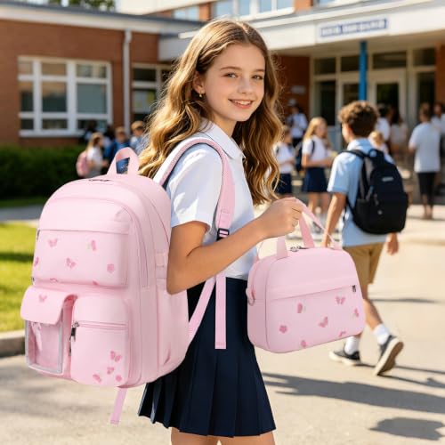 ACESAK 3PCS Embroidered Girls Backpack with Lunch Bag Set,Pink Batterfly - color: Pink Butterfly