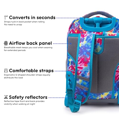 J World Sunrise Kids Rolling Backpack with Wheels for Girls Boys, Roller Bookbag for School, 18 x 13 x 9 Inches, Tie Dye - color: Tie Dye