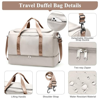 Small Travel Duffle Bag with Shoe Compartment, 35L Personal Item Bag - color: A-Beige & Brown, size: Small