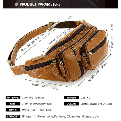 Genuine Leather Fanny Pack large capacity Crossbody Waist Bag with Zipper phone Pockets brown - color: Brown