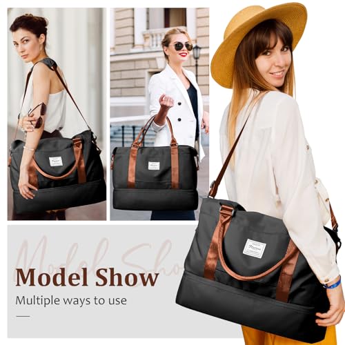 Weekender Bags for Women, Personal Item Travel Bag with Shoes Compartment - color: Black & Brown, size: Large