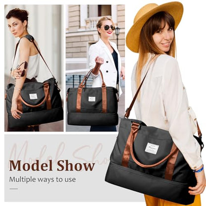 Weekender Bags for Women, Personal Item Travel Bag with Shoes Compartment - color: Black & Brown, size: Large