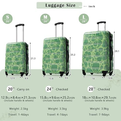 Merax 3-Piece Printed Hardshell Luggage Set,Suitcases with Carry-On,Green - color: Green, size: 3 Piece(20/24/28)