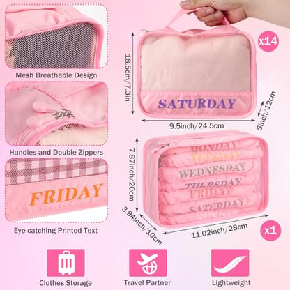 15 Pcs Day of Week Packing Cubes Travel Kids, 9x7x3inch,Pink - color: Pink, size: 9x7x3inch