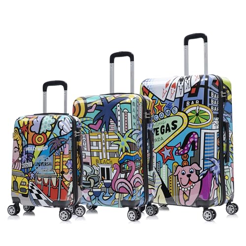InUSA Cities Print Luggage with Spinner Wheels | Durable Lightweight Hardside Suitcase | Travel Bag with Handle and Trolley | (20in, 24in, 28in) 3 Piece Set - color: Cities, size: 3 Piece Set (20/24/28)