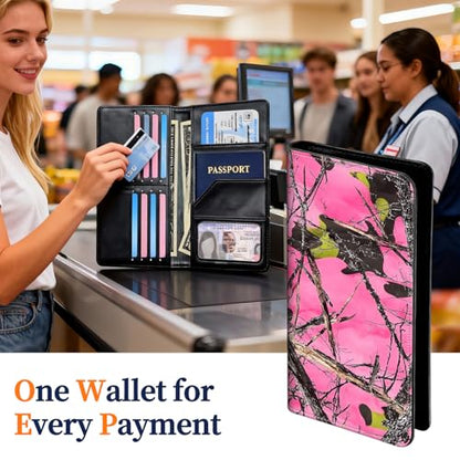 Passport Wallet for Women,Travel Wallet Passport Holder RFID Blocking - color: Pink Tree Branches