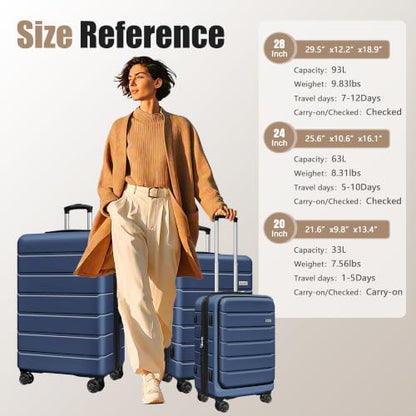 KEYTANG SmileLine 3-Piece Luggage Set Lightweight Hardside Suitcase TSA Lock Spinner Wheels, 20" Expandable Carry-On Luggage with Quick Access Front Open Pocket, Bonus Makeup Bag,Navy Blue - color: Navy Blue, size: 666-3 Piece Set