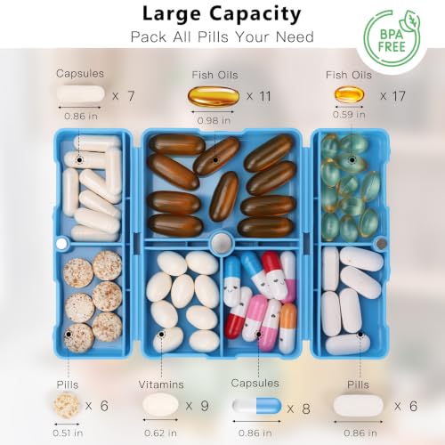 FYY Travel Pill Organizer, 7 Compartments Pill Box Medicine Case - Blue - color: Blue, size: Small (1 Piece)