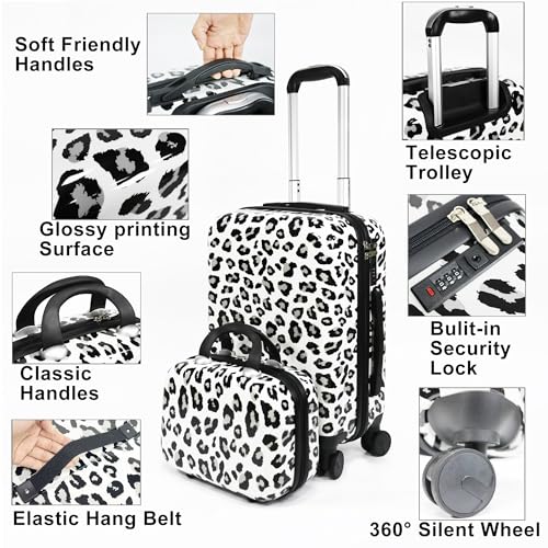 Luggage Sets 2 Piece, Hardside Suitcase Set 14+20 IN | Leopard Luggage with Spinner Wheels,Suitcase Set for Women and Men, Lightweight Leopard PC+ABS Hardshell,White - color: White Leopard(14+20)