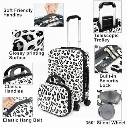 Luggage Sets 2 Piece, Hardside Suitcase Set 14+20 IN | Leopard Luggage with Spinner Wheels,Suitcase Set for Women and Men, Lightweight Leopard PC+ABS Hardshell,White - color: White Leopard(14+20)