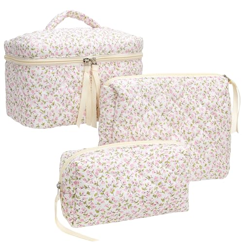 3 Piece Quilted Makeup Bag Set for Women,Cosmetic&Toiletry Bag,Floral Pink | Cute Zipper Makeup Organizer for Cosmetics, Toiletries,Skincare, Makeup Brushes, Beauty Essentials, Travel Accessories&Gifts - color: Floral Pink