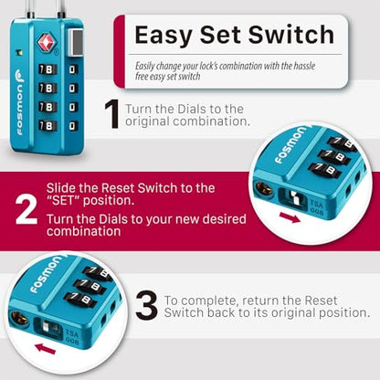 Fosmon TSA Approved Luggage Locks, 4 Digit Combination Cable Travel Lock for Suitcase & Backpack, Heavy Duty Metal Body Padlock with Open Alert Indicator (Blue, 2 Pack) - color: Blue 2 pack