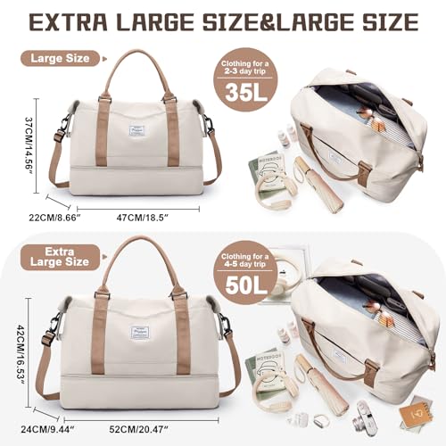 Travel Duffel Bag with Shoes Compartment,Weekender Bags for Women Travel - color: Beige & Brown, size: Extra Large
