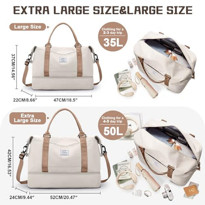 Travel Duffel Bag with Shoes Compartment,Weekender Bags for Women Travel - color: Beige & Brown, size: Extra Large