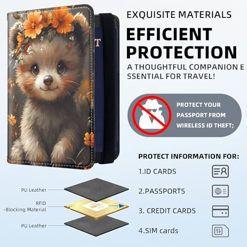 RFID Security Premium Passport and Travel Document Holder Combo, Slim PU Leather Folio Wallet with 3 Card Slots & Boarding Pass Pocket, Secure Elastic Closure Organizer, Cute Raccoon Flower - color: Cute Raccoon Flower