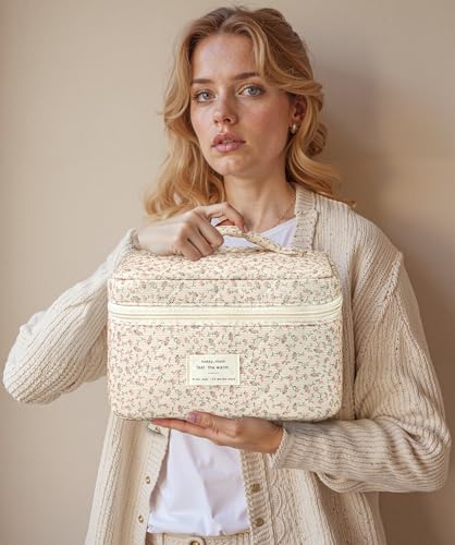 HBselect Quilted Makeup Bag, 3Pcs Cotton Large Travel Makeup Bags Organizer - color: A-3PCS-Floral 50