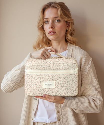 HBselect Quilted Makeup Bag, 3Pcs Cotton Large Travel Makeup Bags Organizer - color: A-3PCS-Floral 50