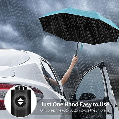Yoobure Windproof Automatic Travel Umbrella, Compact Folding UV Sun & Rain | One-touch auto open close, windproof frame withstands storms, UV protection fabric, lightweight for backpack car daily use - color: Auto-Sky Blue