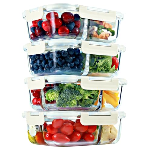 Glass Meal Prep Containers 2 & 3 Compartments Leak-Proof Lids 32 oz 4 Pack - color: Beige (2,3 compartment - 4 pack, 32oz)