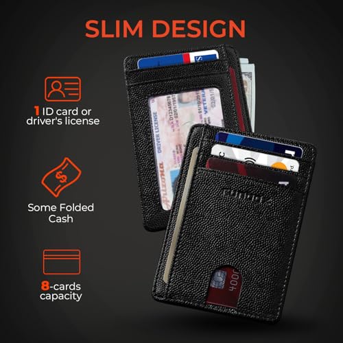 RUNBOX Slim Wallet for Men and Women, RFID Blocking Leather Card Holder - color: Leather Black
