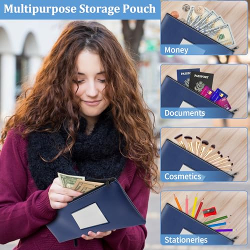 2 Pack PU Leather Bank Money Bags with Zipper & Label, Navy Blue - color: Navy Blue