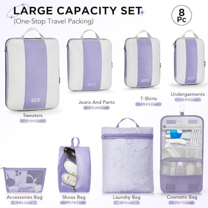 OlarHike 8 Set Compression Packing Cubes for Travel Essentials,Compressible Expandable Space Saver Bags for Organizing Clothes,Luggage Suitcase Garment Bags with Over 1000 pcs Mesh Holes(Purple Gray) - color: Purple Gray