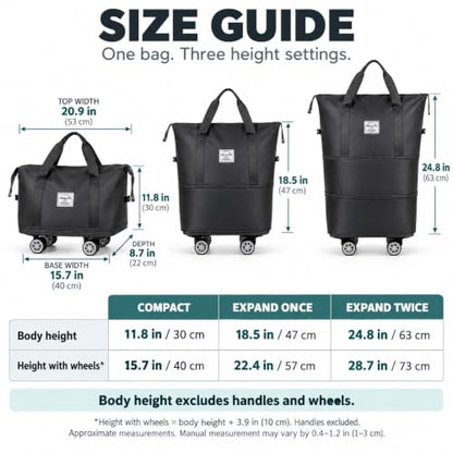 Expandable Rolling Travel Bag with Detachable Wheels,Black - color: Black