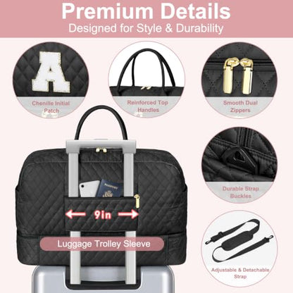 Girl Teen Women Birthday Gift Initial Weekender Bag for Women Overnight Bag - color: Black Diamond Quilted, style: E