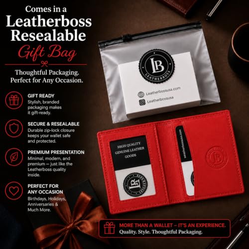 Leatherboss Slim Thin Leather Credit Card Id Mini Wallet Holder Bifold Driver's License Safe (Red) - color: Red