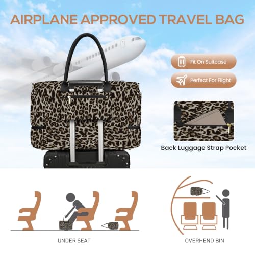 Travel Weekender Bags for Women: Duffel Bag with Shoe Compartment Overnight - color: 32-Brown Leopard Print, size: 40L-Large