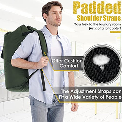Backpack Laundry Bag, 115L Heavy Duty Extra Large College Laundry Backpack, Dirty Clothes Bag with Shoulder Straps, Laundry Hamper Bag with Drawstring Closure for College Dorm, Apartment Army Green - color: Army Green