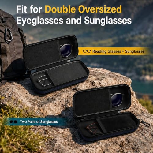 Double Oversized Eyeglasses Case Dual Sunglasses Case Hard Shell Glasses Case with Clip Metal Carabiner Travel - color: Black