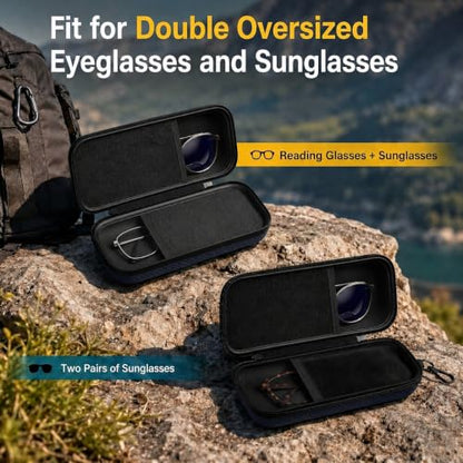 Double Oversized Eyeglasses Case Dual Sunglasses Case Hard Shell Glasses Case with Clip Metal Carabiner Travel - color: Black