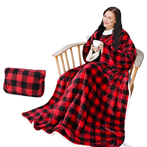Catalonia Sherpa Wearable Blanket with Sleeves Arms - color: Plaid Red