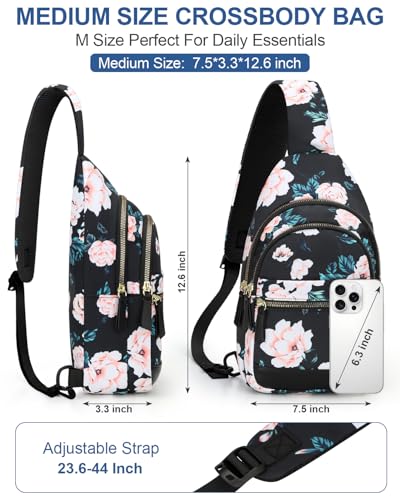 Capolo Crossbody Bags for Women Waterproof Sling Shoulder Bag Fanny Pack - color: Black Flower, size: Medium