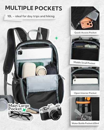 WATERFLY Small Packable Travel Backpack: 10L Ultra-Light Daypack Women Men - color: Black