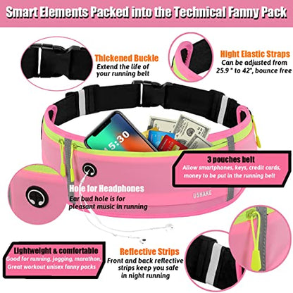 USHAKE Slim Running Belt, Bounce Free Fanny Pack Phone Holder - color: Pink