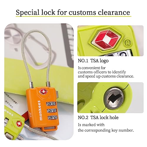 munkees TSA Approved Luggage Lock Padlock with Cable, Resttable Combination, 3-Digit Password Lock, Metal Alloy, Drawer, Backpack, Wardrobe, and Door Lock. (Green 2pcs) - color: Green-2pcs, style: Cable Shackle
