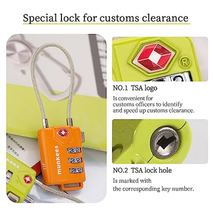 munkees TSA Approved Luggage Lock Padlock with Cable, Resttable Combination, 3-Digit Password Lock, Metal Alloy, Drawer, Backpack, Wardrobe, and Door Lock. (Green 2pcs) - color: Green-2pcs, style: Cable Shackle