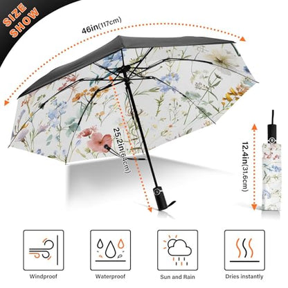 JIPONI Windproof Travel Umbrellas 01 - Large Compact Umbrella for Rain & Sun, Automatic Anti-UV Protection and Light Folding for Backpack & Car - color: Flower