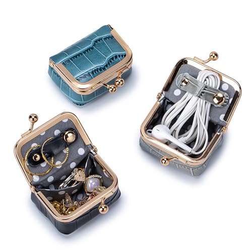 Genuine Leather Mini Jewelry Box for Women, Portable Travel Jewelry Case - color: Storm Blue - 2.5in - Crocdile Pattern