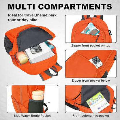 HOLYLUCK 20L lightweight packable Hiking Daypack Foldable Backpack for Men Women Small Travel Outdoor Foldable Shoulder Bag - color: Orange