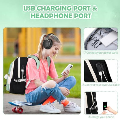 ACESAK 3PCS Teen Girls Backpack with Lunch Bag Set&USB Charging Port,Green - color: Black With Pea Green Accent