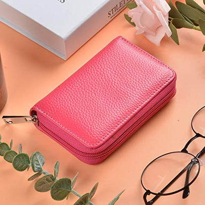 Easyoulife Genuine Leather Credit Card Holder Zipper Wallet With 26 Card Slots - color: Rose, size: small