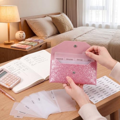 Frienda Cash Envelope Wallet Budget 8 Dividers, Pink, Glitter - color: Pink, style: Glitter