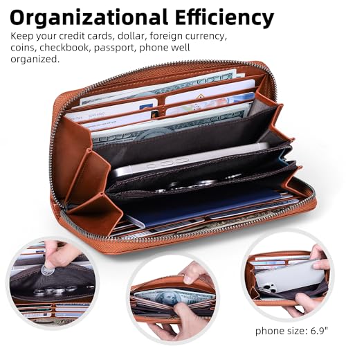 VISOUL Leather Long Zipper Pouch Wallet for Men and Women with RFID Blocking, Large Clutch Cash Long Wallet with Zipper (Orange) - color: Orange