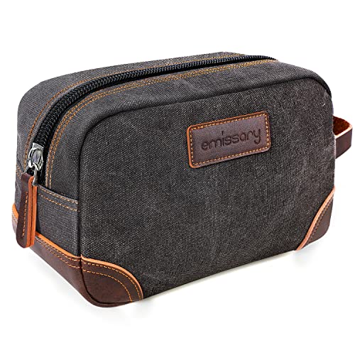 emissary Men's Canvas Travel Toiletry Bag, Leather Dopp Kit - Gray - color: Gray