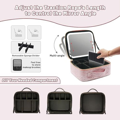 Travel Makeup Bag with LED Mirror, Lighted Cosmetic Case, Pink - color: Pink