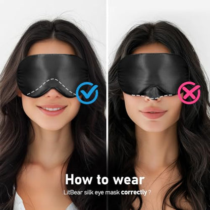 LitBear 100% 22 Momme Mulberry Silk Sleep Mask - 3D Contoured, Black - color: Black