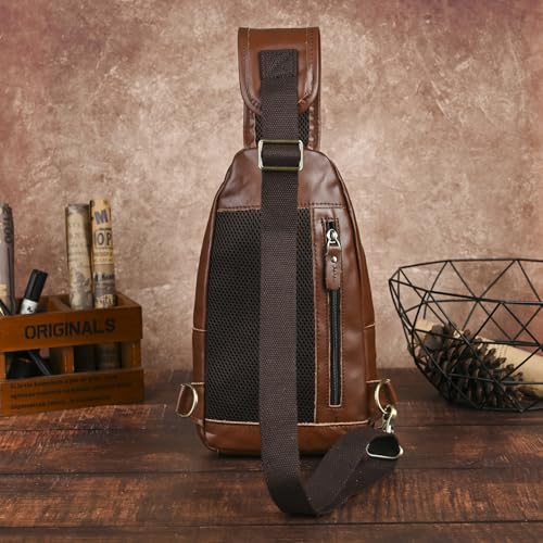 Genuine Leather Hiking Travel DayPack Sling Crossbody Triangle Chest Pack Bag For Men Women 8241 (E-Brown 2) - color: E-brown 2